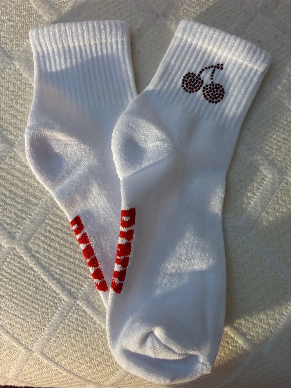 Victoria's Secret White Crew Socks with Red Cherry Accent
